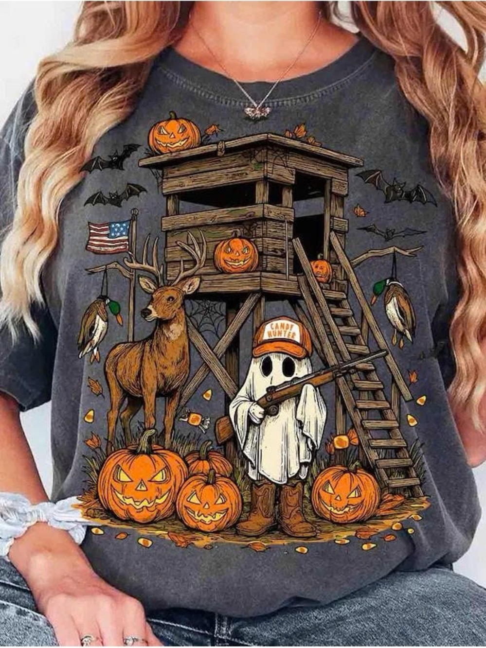 Comfort Colors Charcoal Halloween Deer & Ghost Graphic Tee